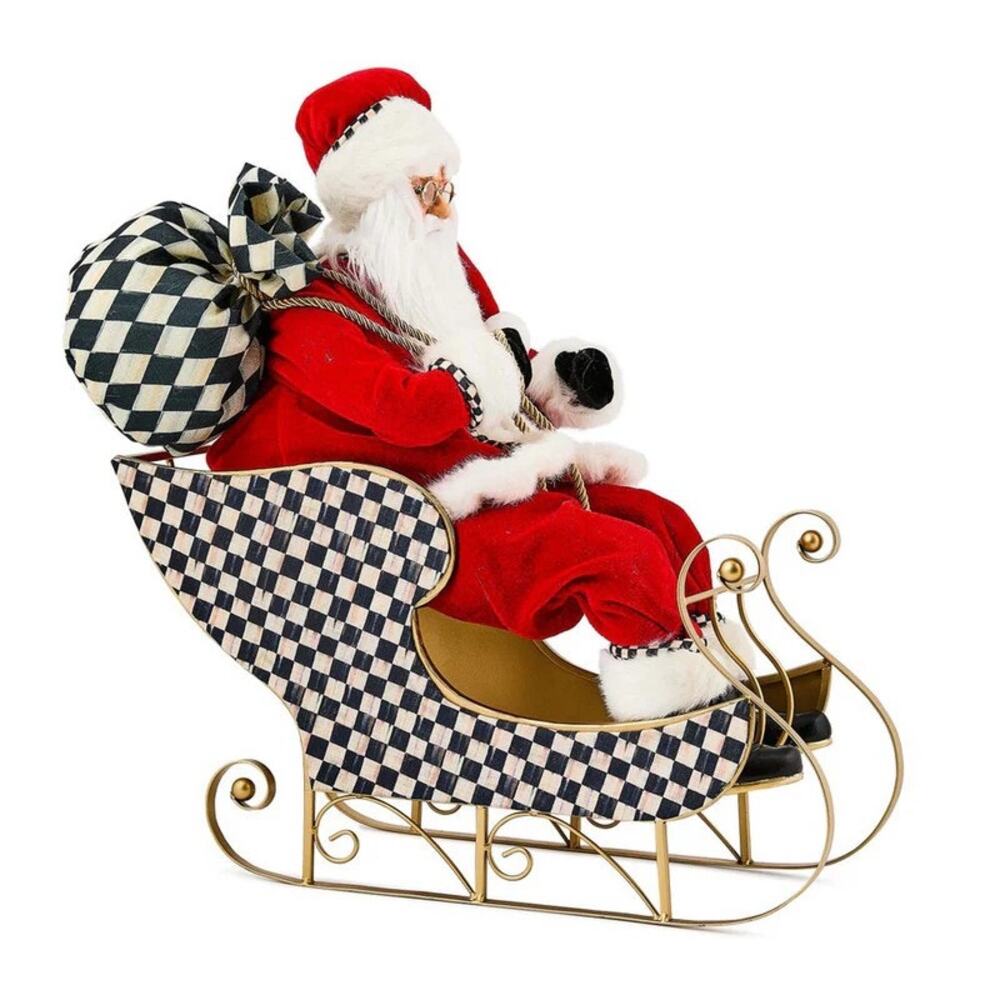 NEW MacKenzie-Childs Classic Courtly Fabric Santa In Sleigh Figurine 16in